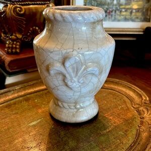 Vintage Stoneware Crackle Fleur-de-Lis Vase